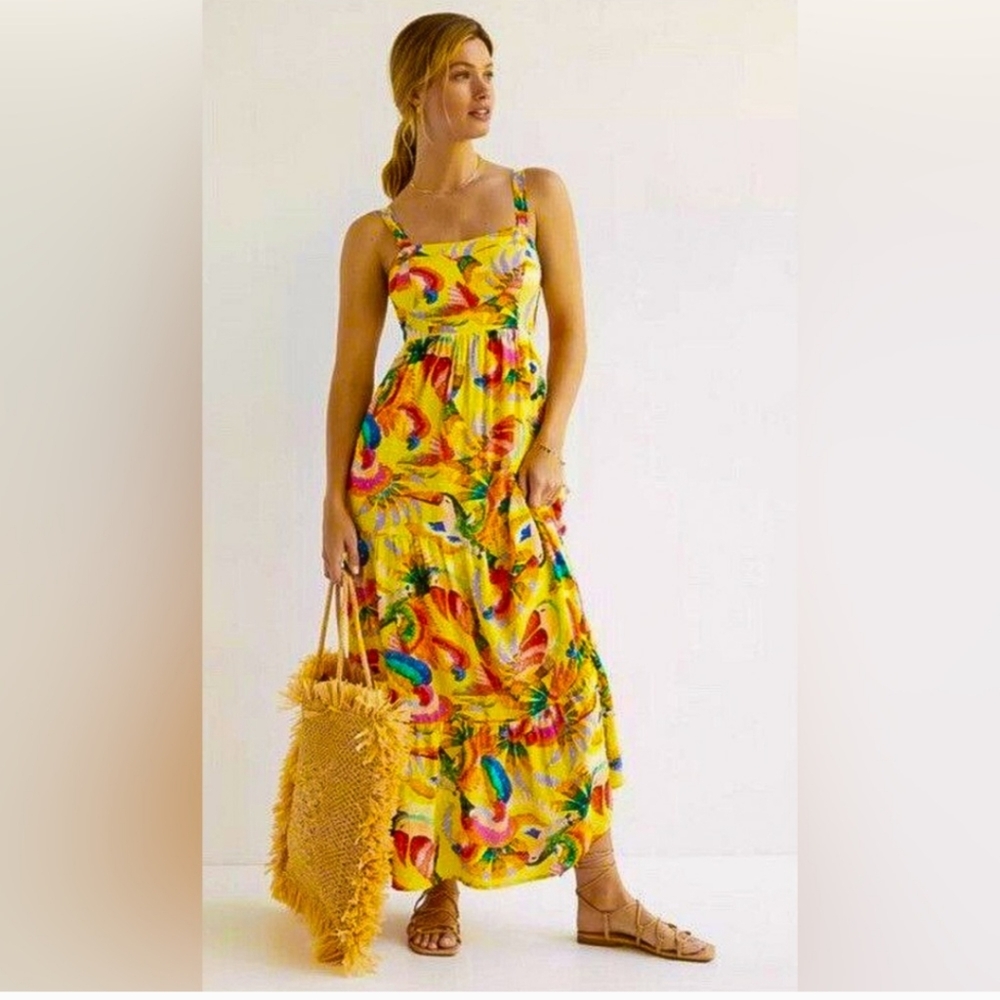 Farm Rio Textured Swiss Dot Tropical Maxi Dress S